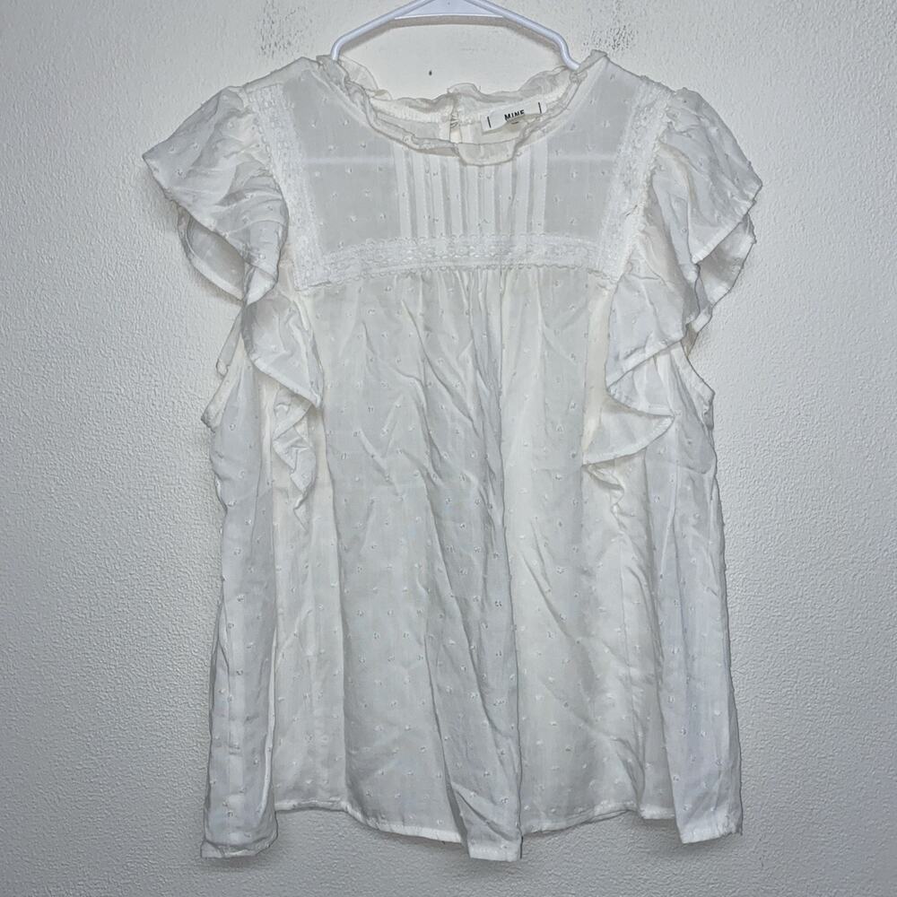 Mine White Flutter Sleeve Ruffle Neck Babydoll Top Sz L